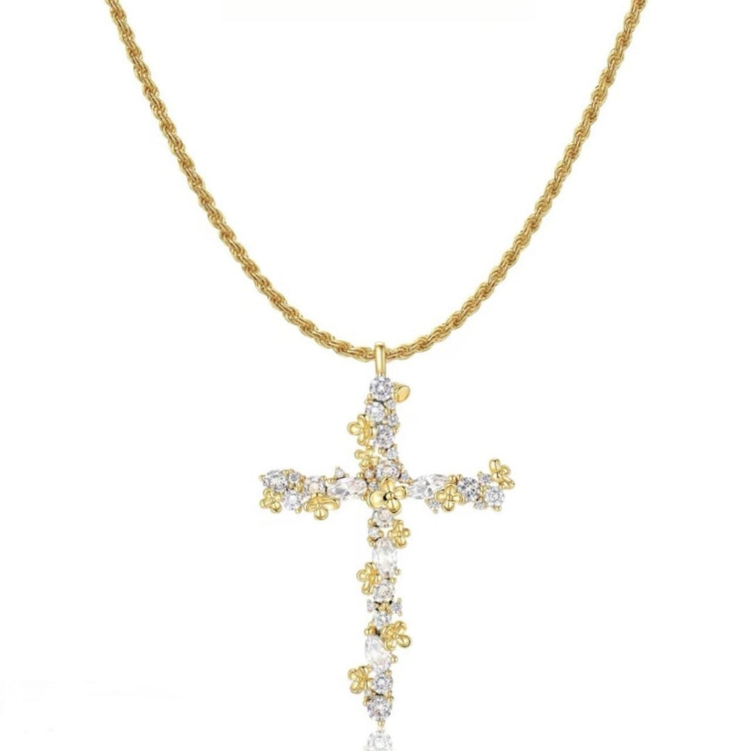 Petal-Design Cross and Cable Chain Necklace
