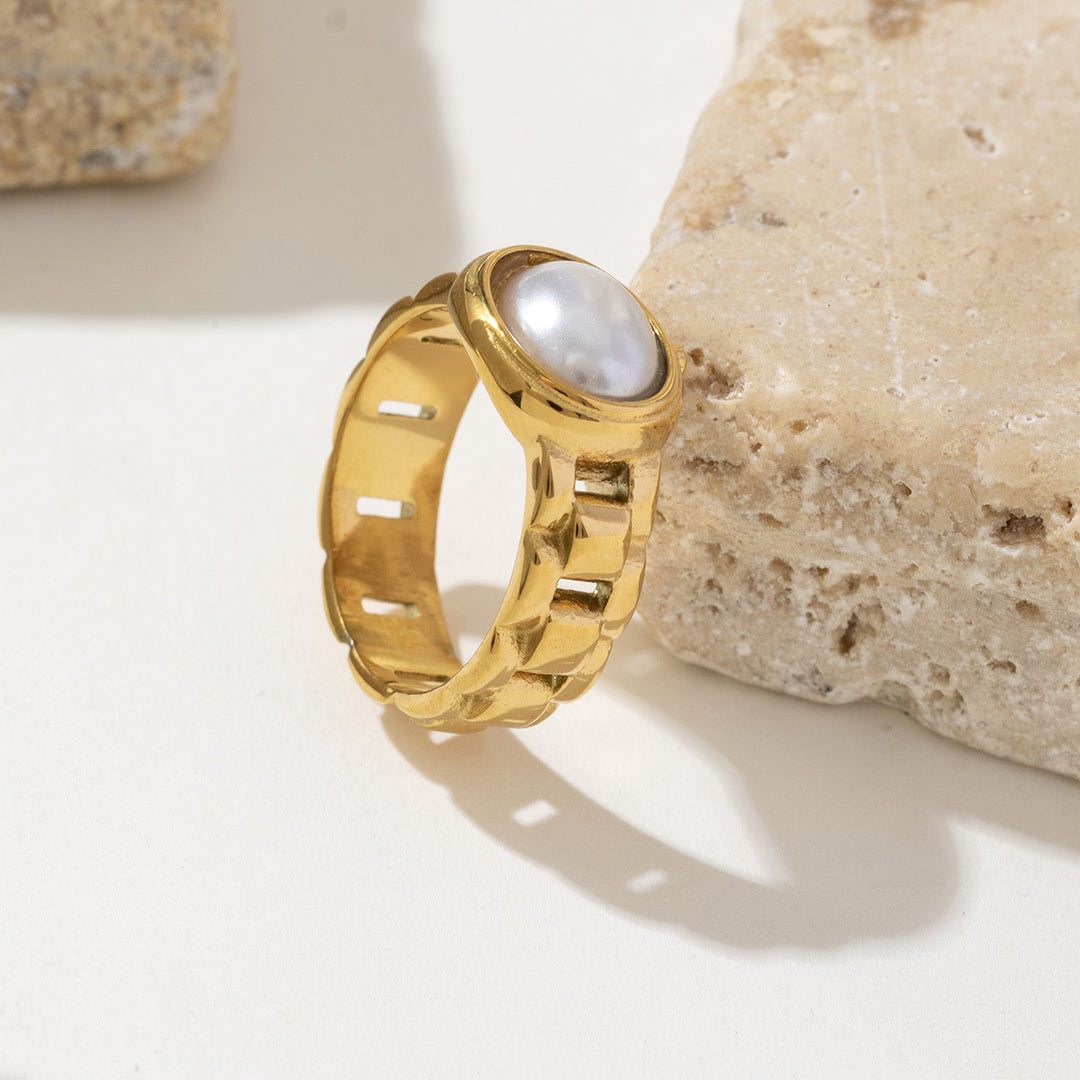 Watch-strap style pearl ring