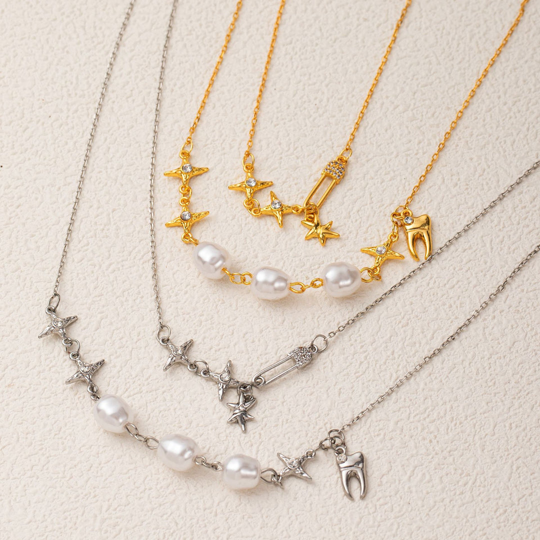 Double-layer paperclip chain and pearl necklace