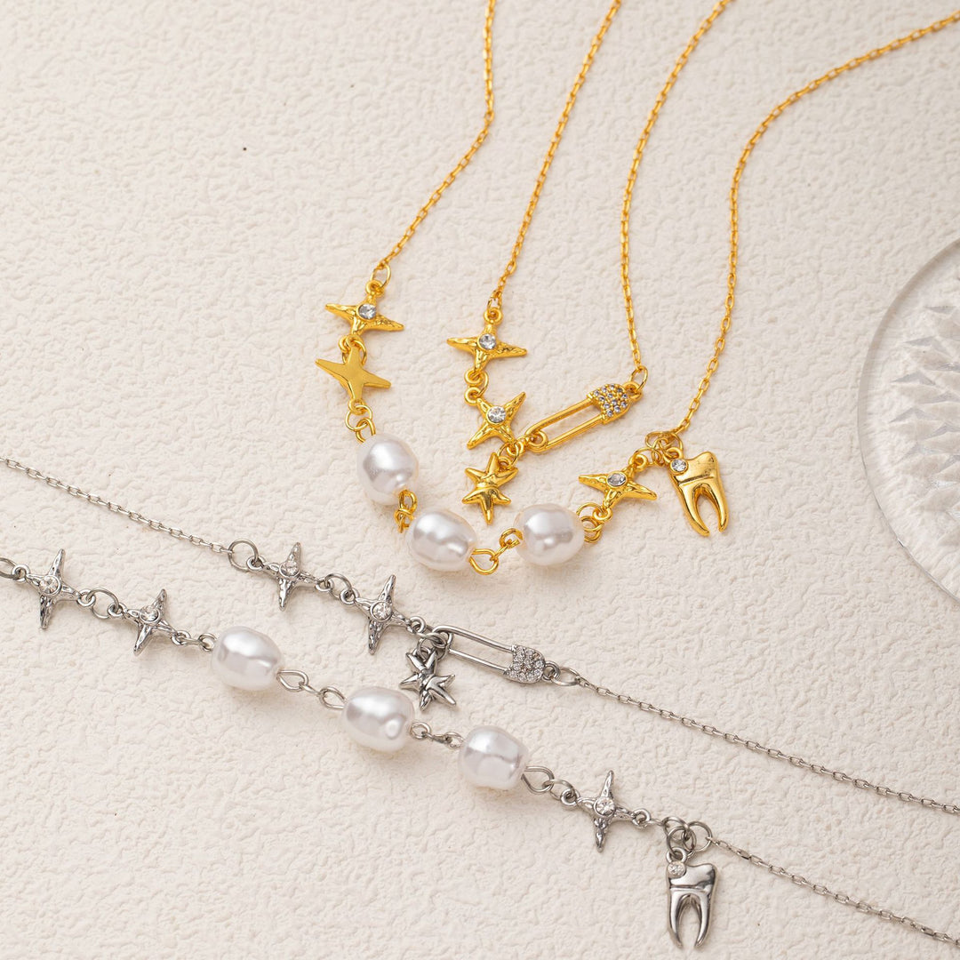 Double-layer paperclip chain and pearl necklace
