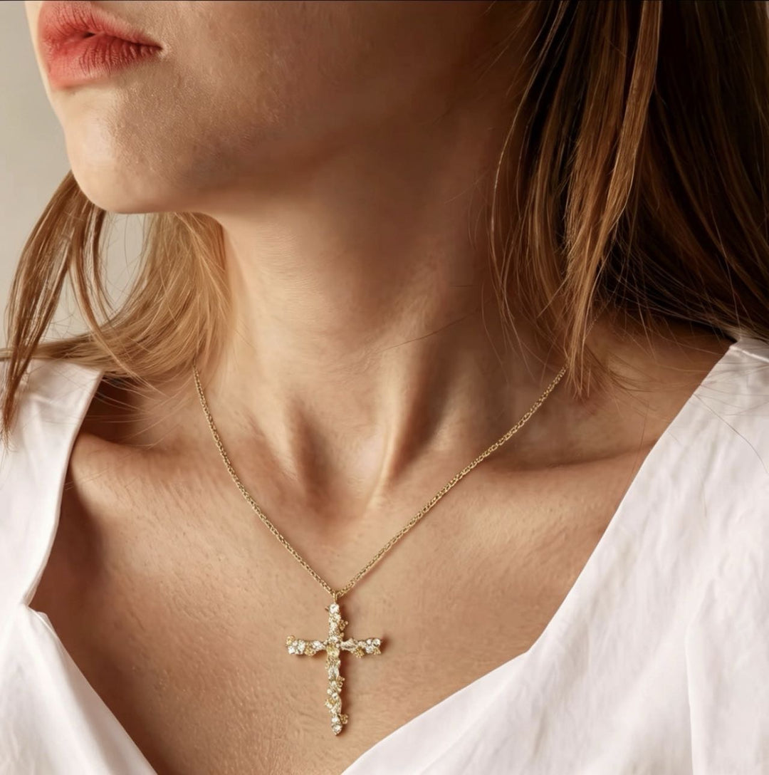 Petal-Design Cross and Cable Chain Necklace