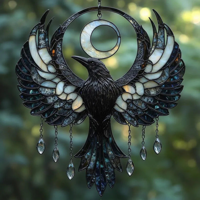 Crescent Moon Raven Acrylic Suncatcher