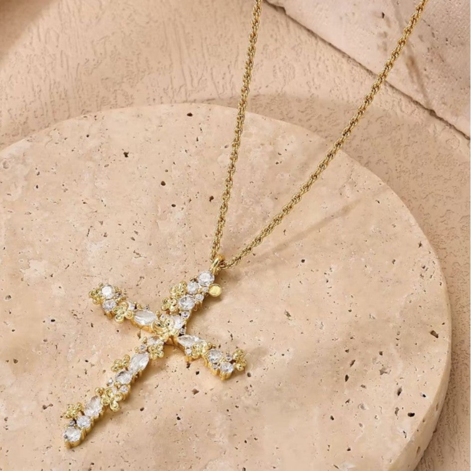 Petal-Design Cross and Cable Chain Necklace
