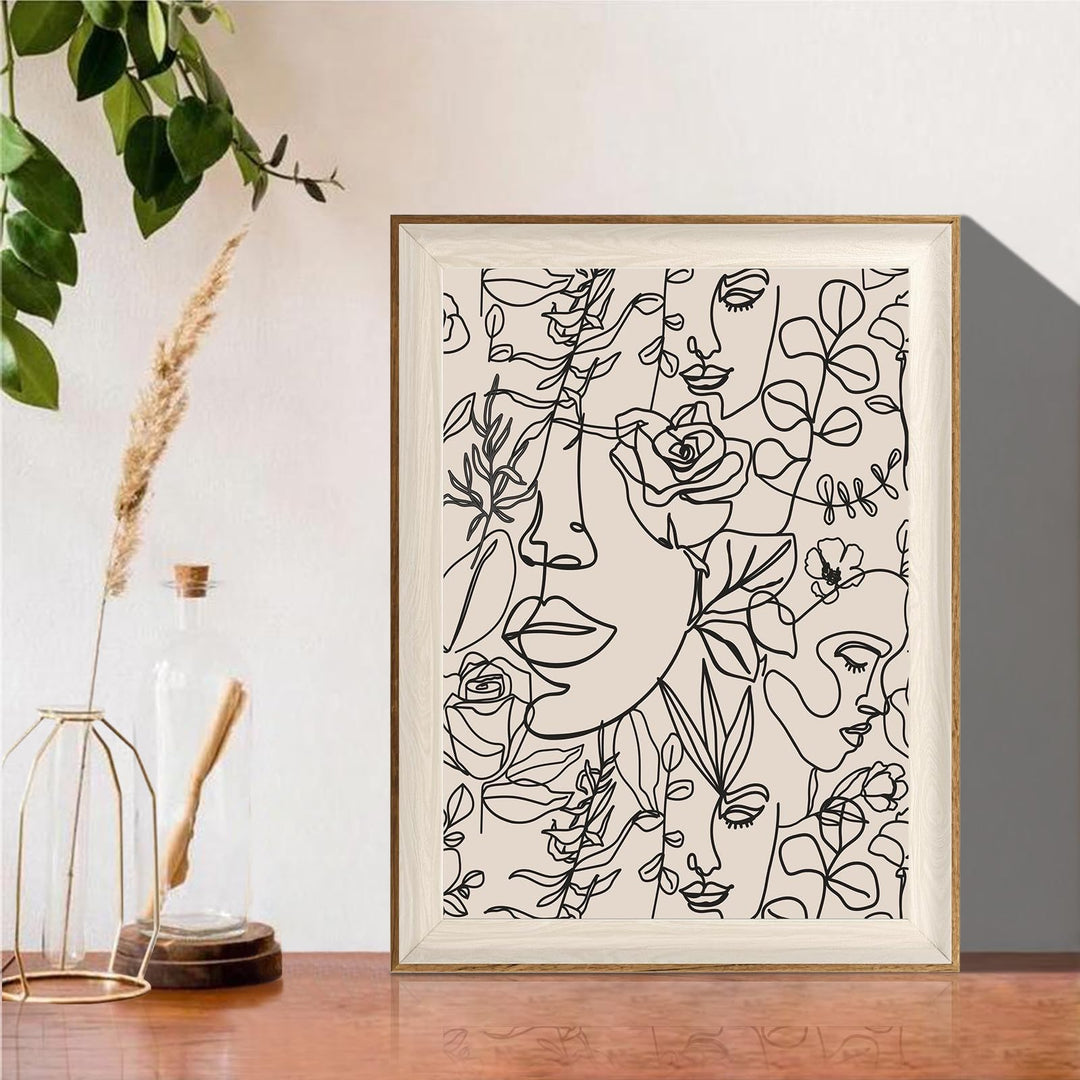Bohemian Women Floral Line Art Wall Painting