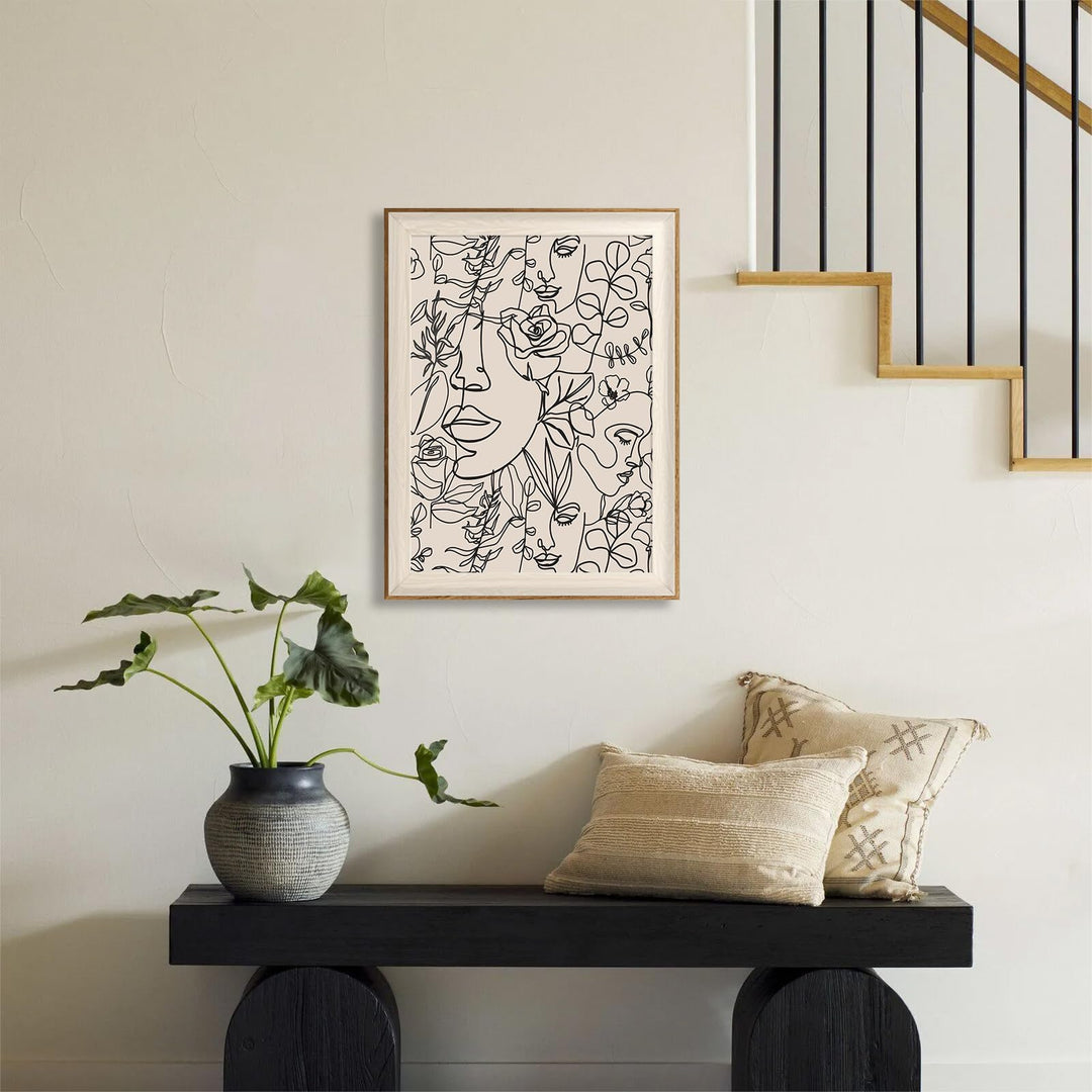 Bohemian Women Floral Line Art Wall Painting