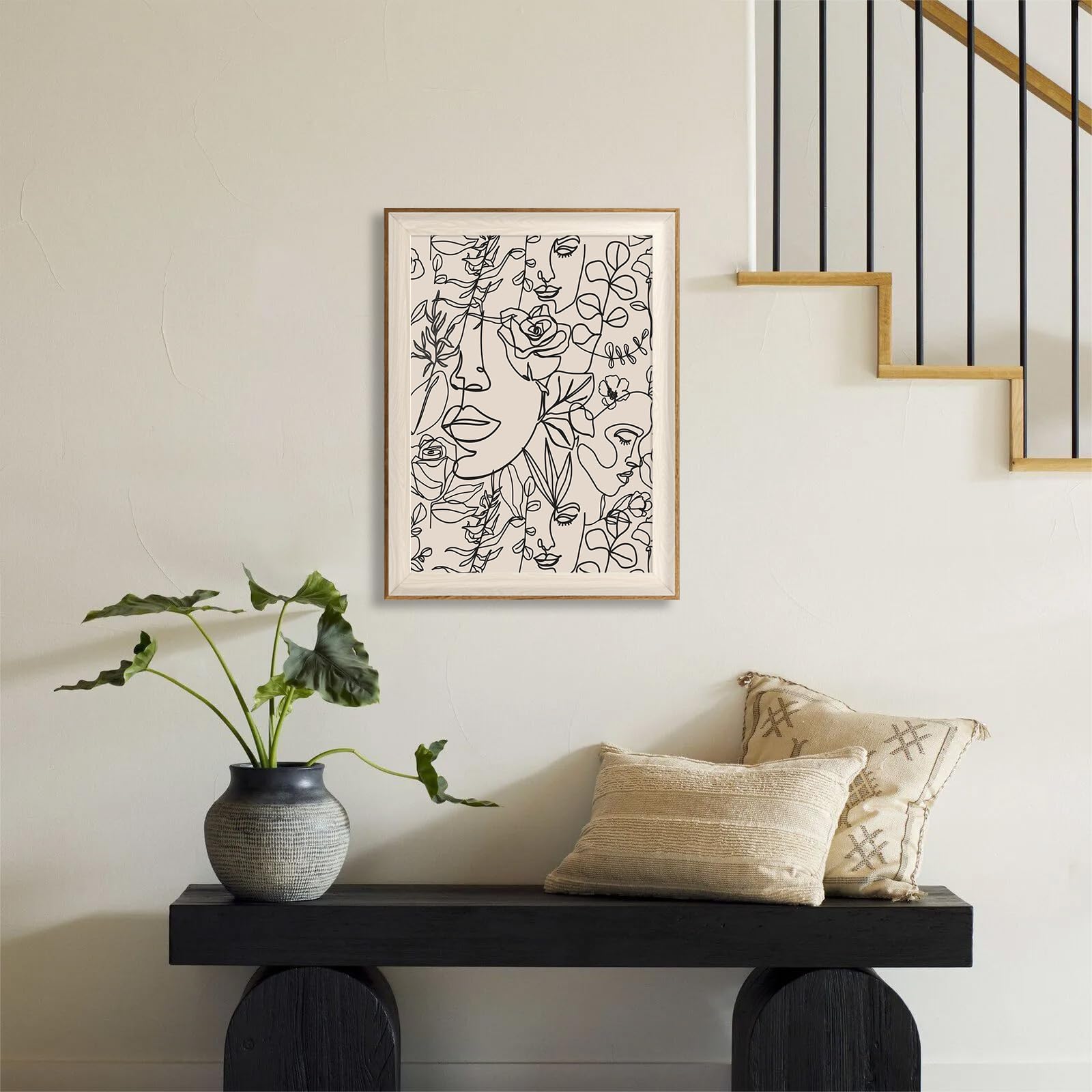 Bohemian Women Floral Line Art Wall Painting