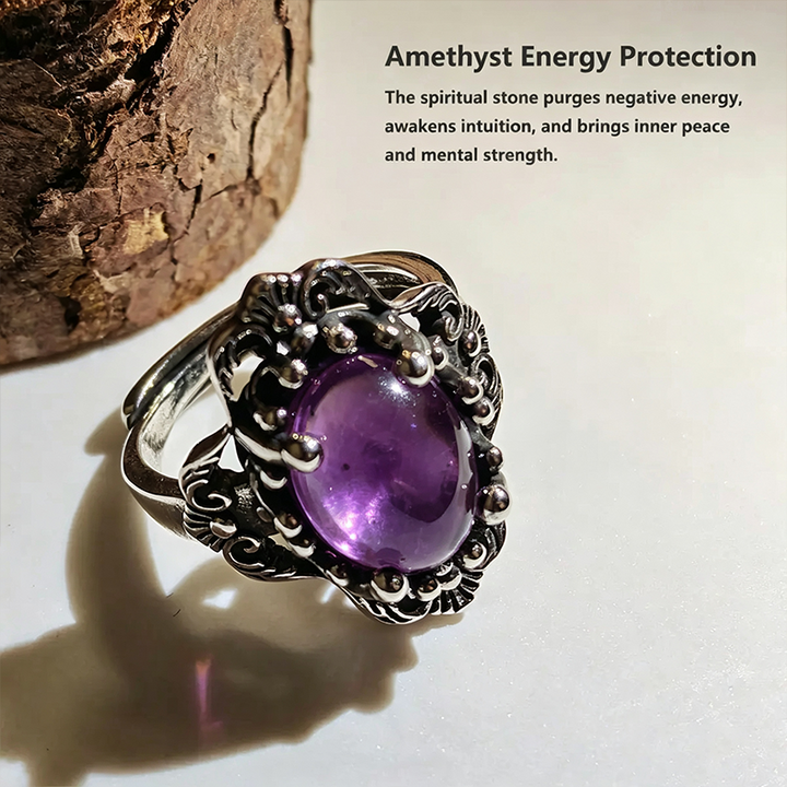 Lace-patterned amethyst ring