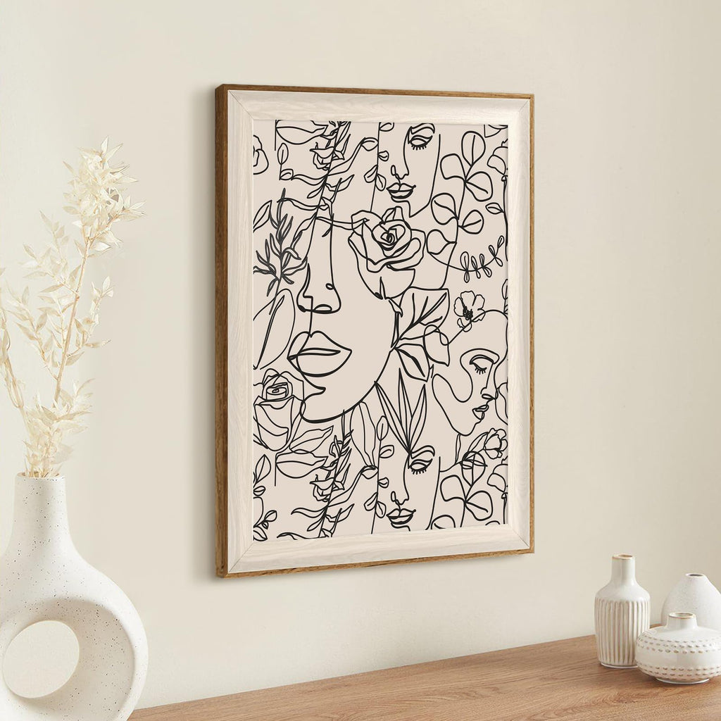 Bohemian Women Floral Line Art Wall Painting