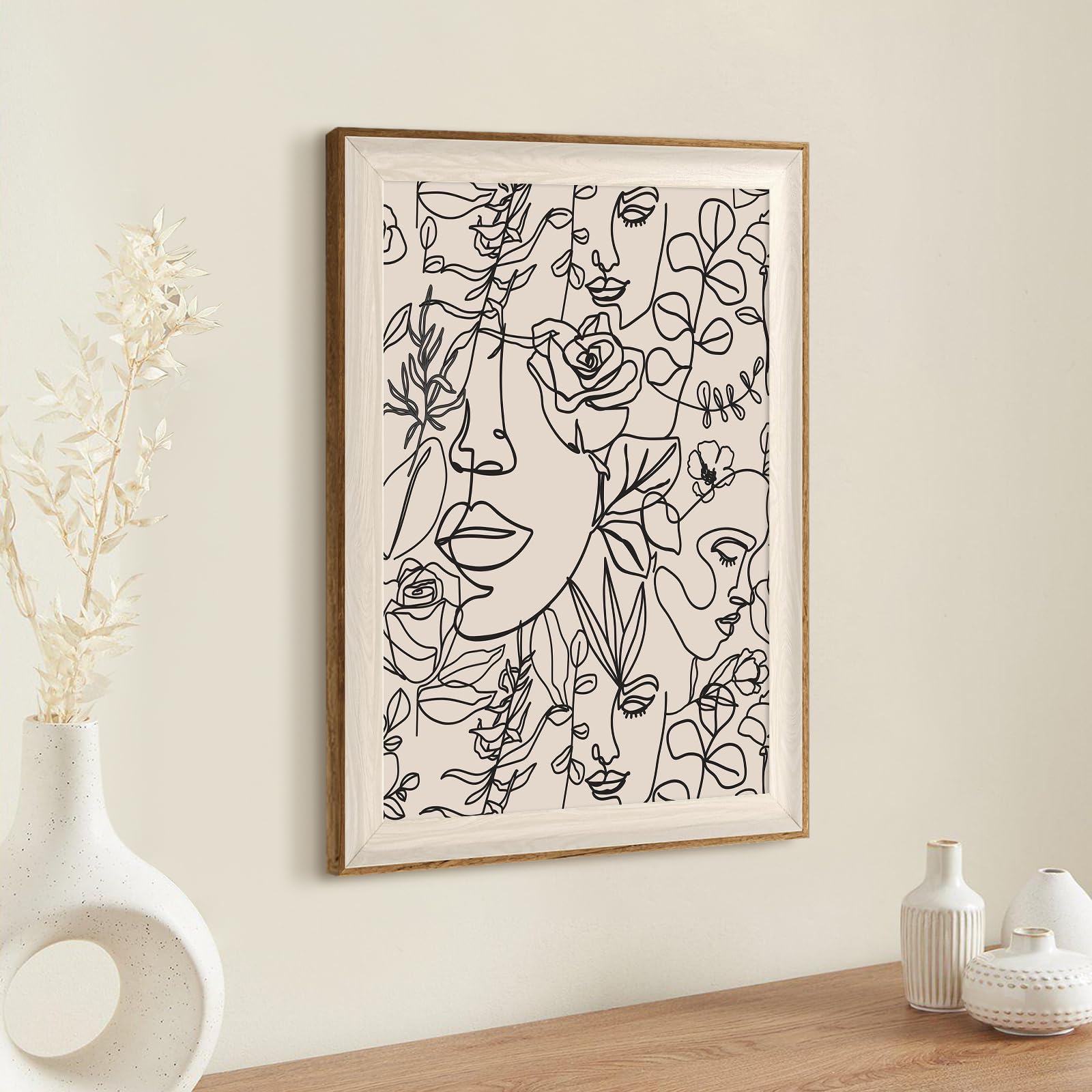 Bohemian Women Floral Line Art Wall Painting