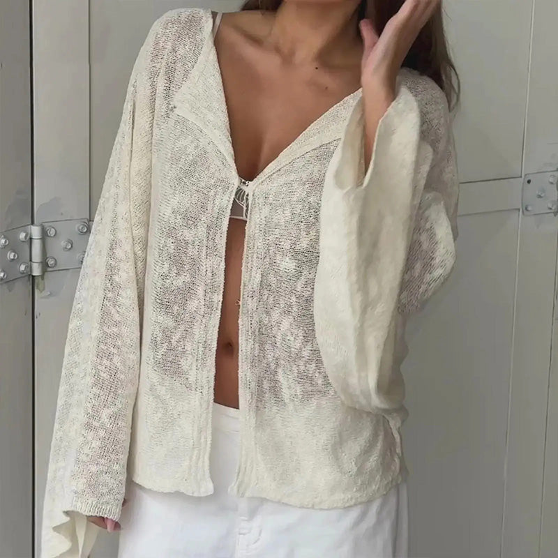 Simple and loose batwing bell sleeve knit cardigan