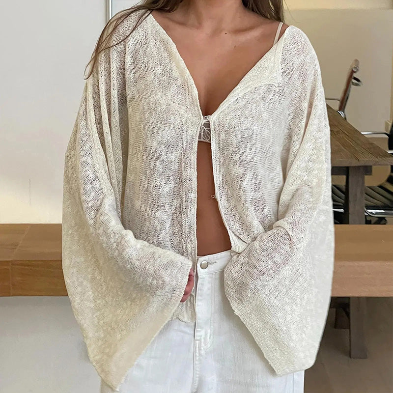 Simple and loose batwing bell sleeve knit cardigan