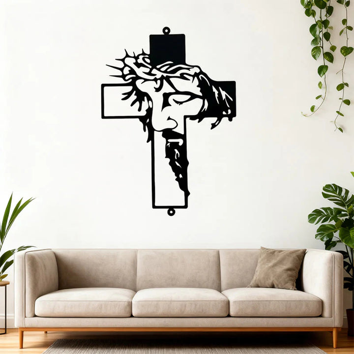 Black Metal Jesus with Crown of Thorns Cross Metal Wall Decor