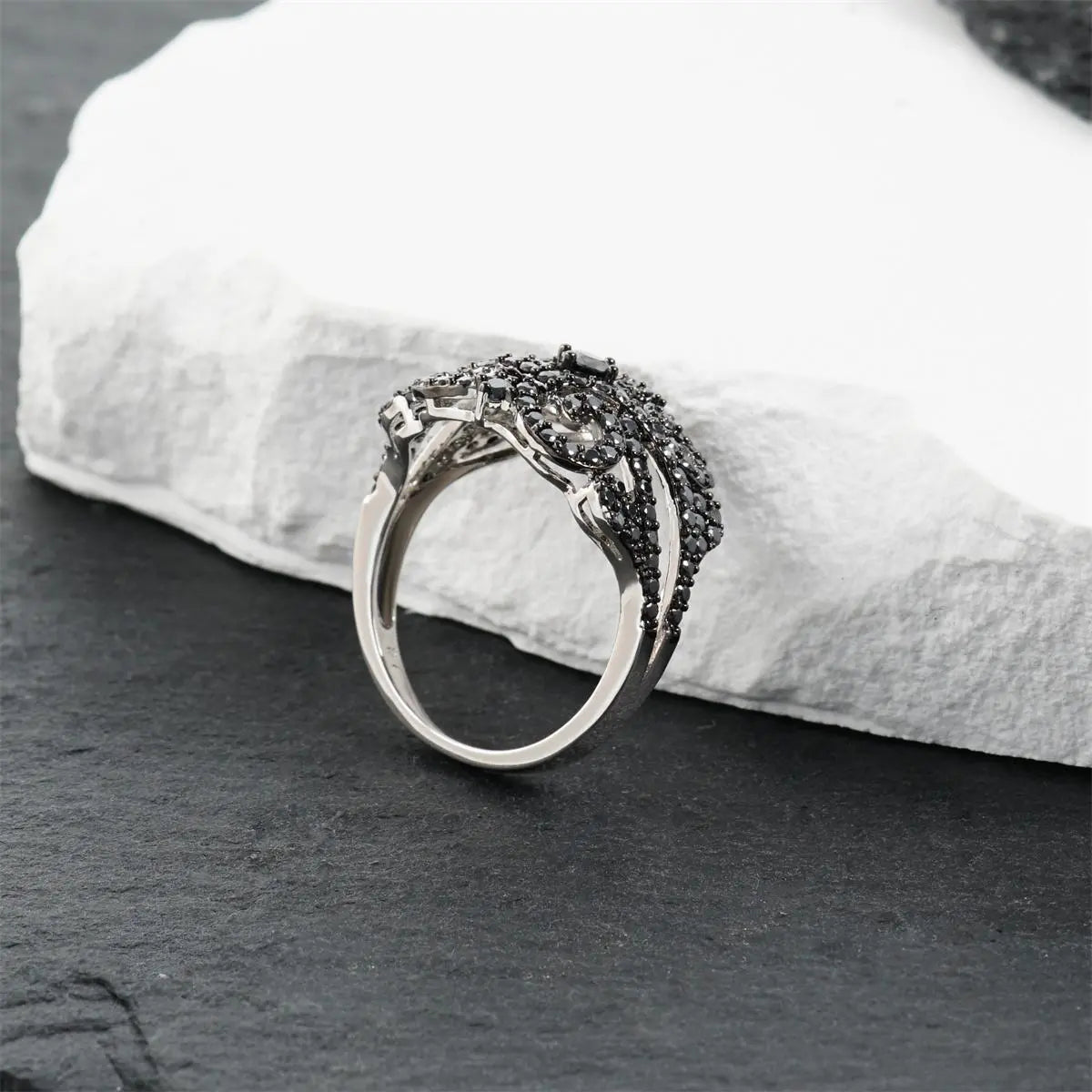 Gothic-style black spinel cluster ring