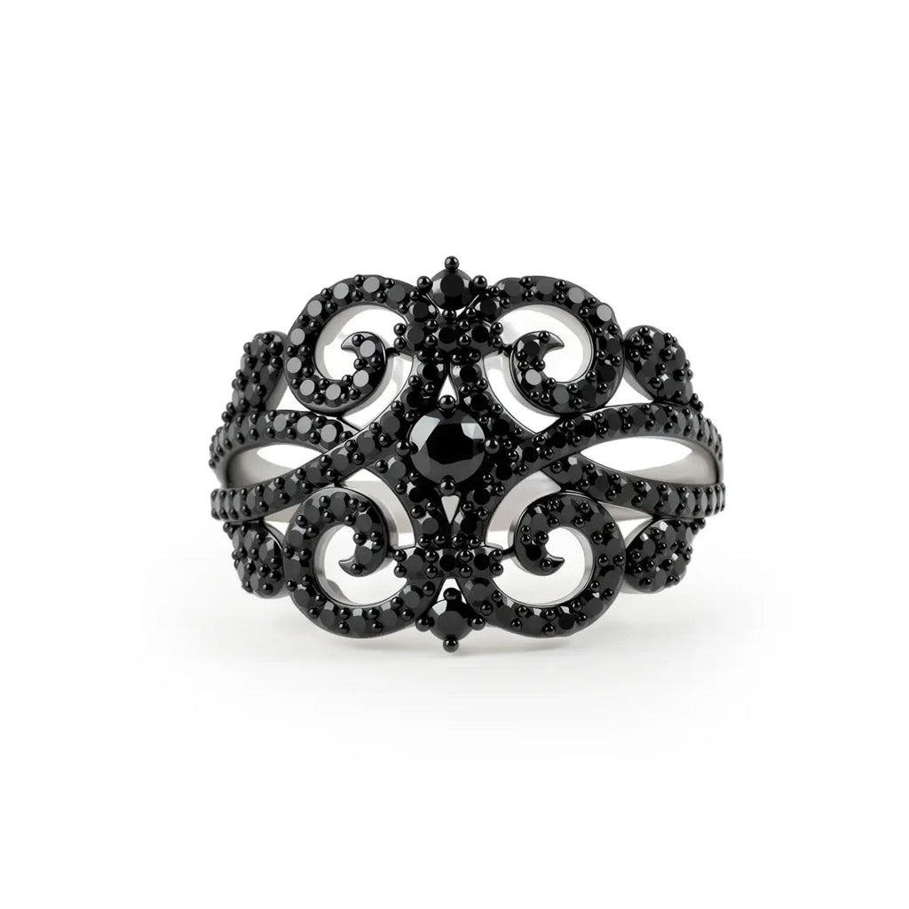 Gothic-style black spinel cluster ring