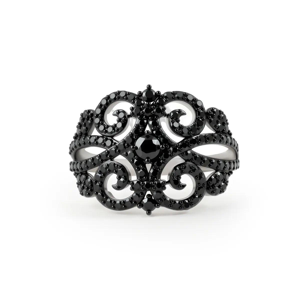 Gothic-style black spinel cluster ring