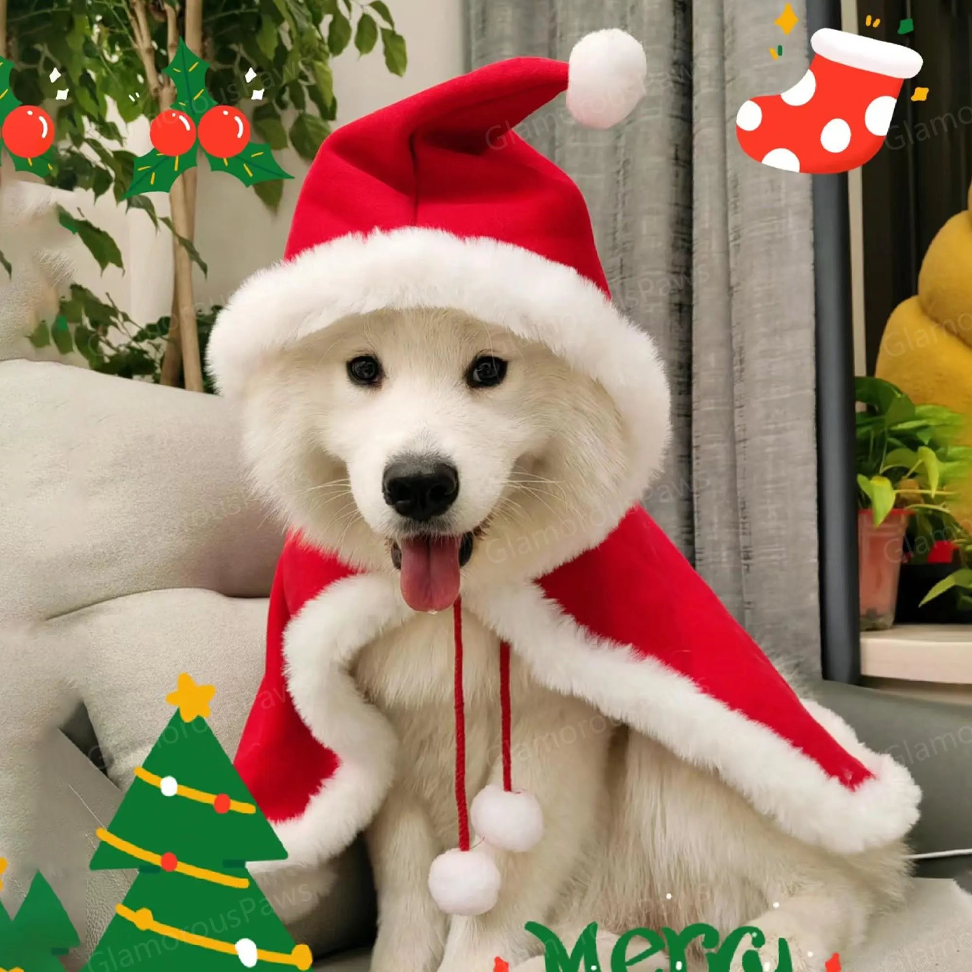 Pet Christmas Costume Poncho Cape with Hat