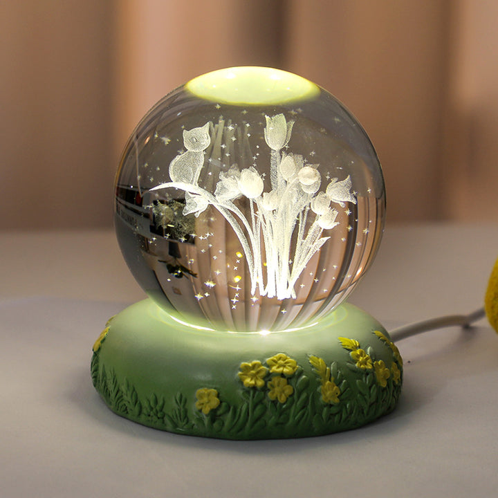 3D Flower Shaped Kitten Crystal Ball Night Light