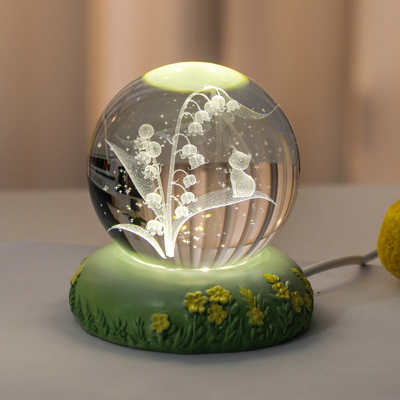 3D Flower Shaped Kitten Crystal Ball Night Light