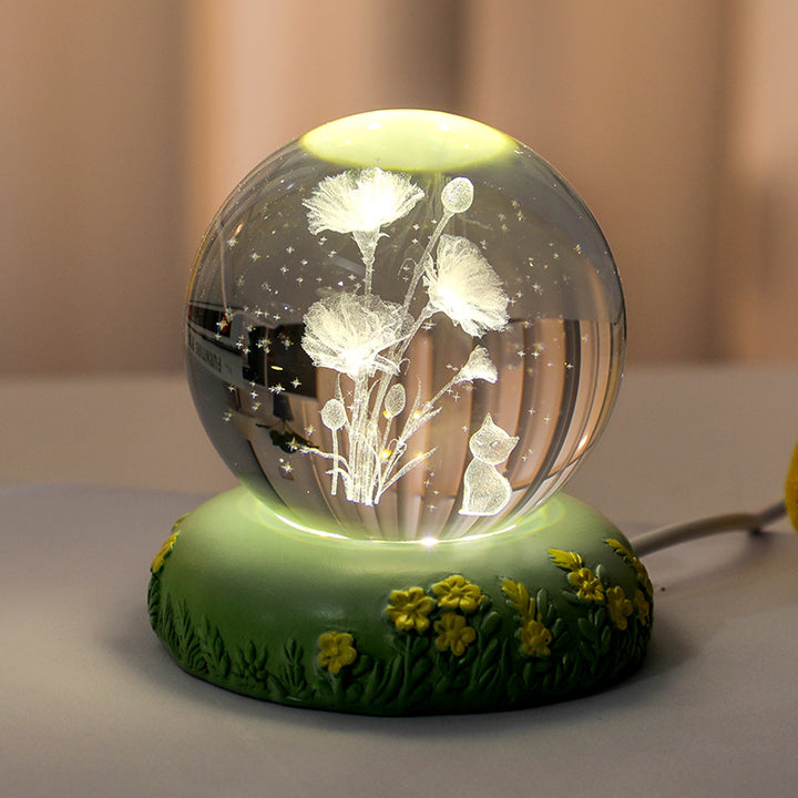 3D Flower Shaped Kitten Crystal Ball Night Light
