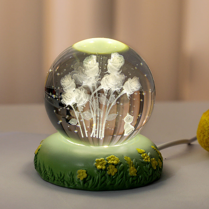 3D Flower Shaped Kitten Crystal Ball Night Light