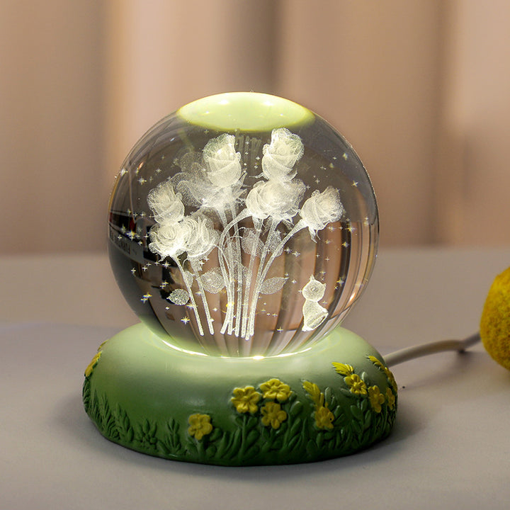 3D Flower Shaped Kitten Crystal Ball Night Light