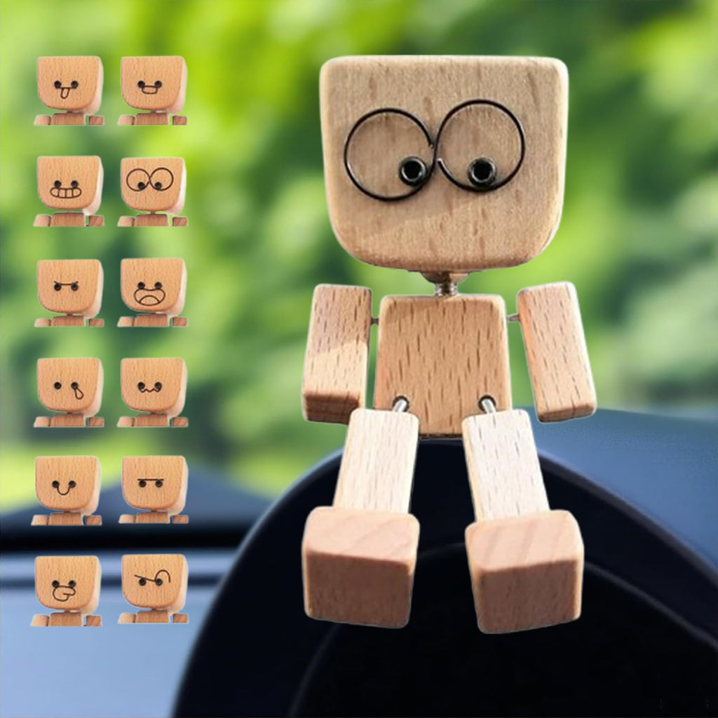 Shaking Wooden Man Figurine(Includes 12 Magnetic Expressions)