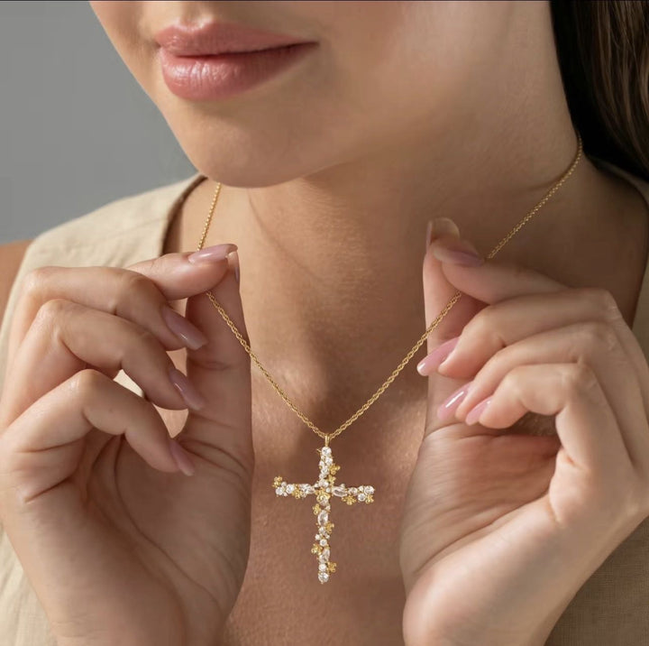 Petal-Design Cross and Cable Chain Necklace