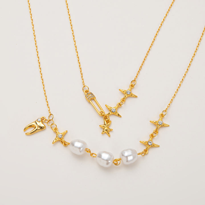 Double-layer paperclip chain and pearl necklace