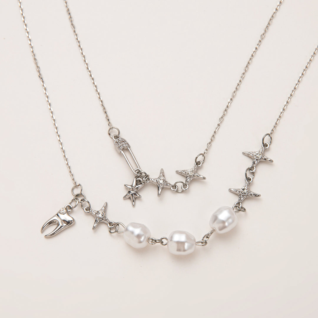 Double-layer paperclip chain and pearl necklace