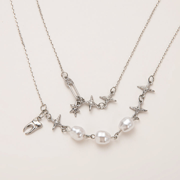 Double-layer paperclip chain and pearl necklace