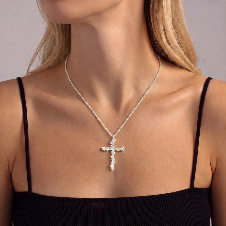 Petal-Design Cross and Cable Chain Necklace