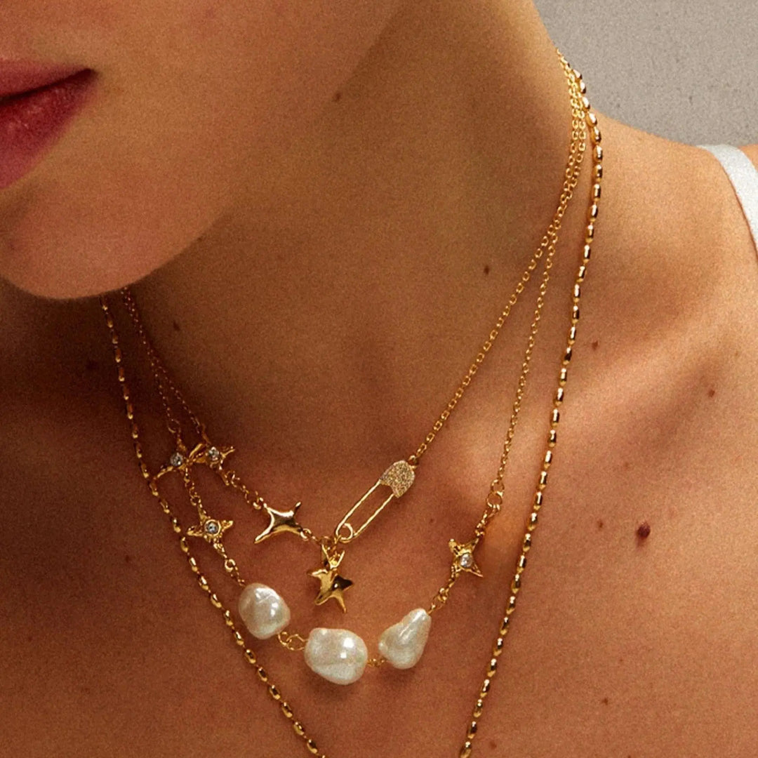 Double-layer paperclip chain and pearl necklace