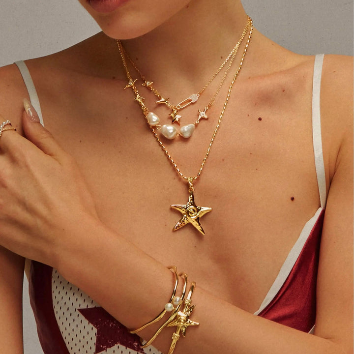 Double-layer paperclip chain and pearl necklace