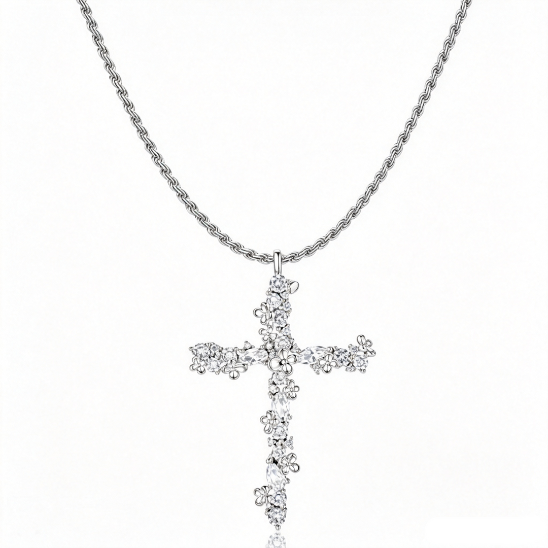 Petal-Design Cross and Cable Chain Necklace