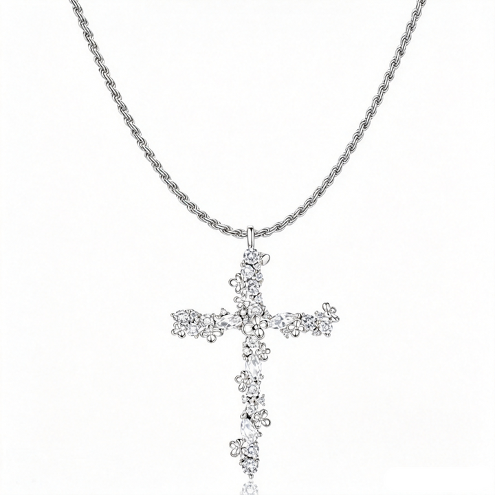 Petal-Design Cross and Cable Chain Necklace